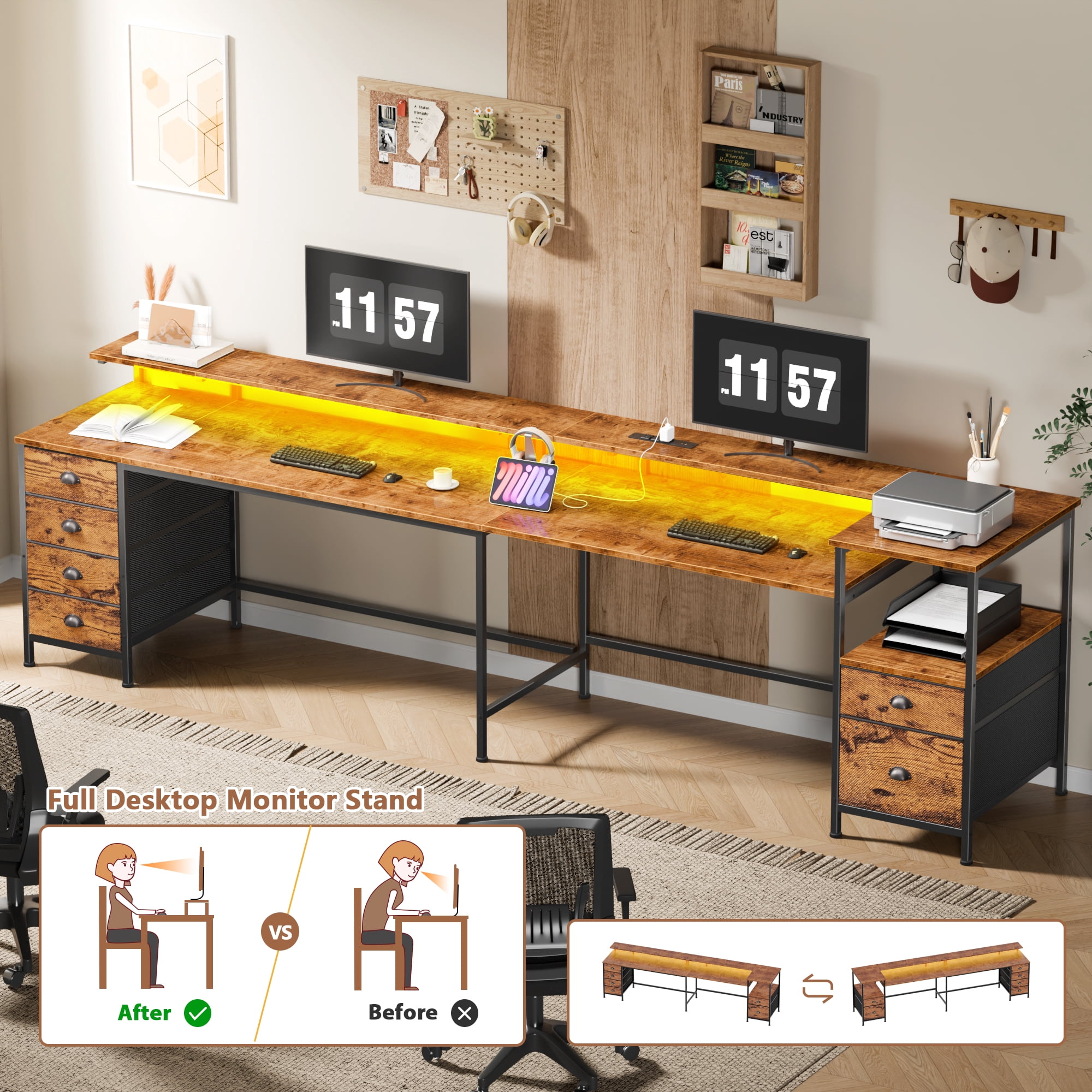 Sarifur L Shaped Computer Desk with Charging Station and LED Lights, 66 inch PC Table Study Desk 6 Drawers for Bedroom,Office Rustic Brown