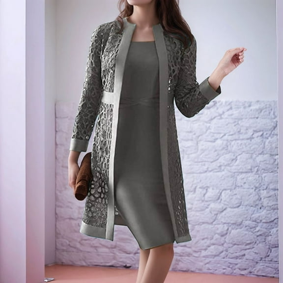 Lace Cardigan And Dress Set For Women – Elegant Fashionable Outwear Two Piece Outfit For Casual And Formal Occasions Shirt Dress with Belt Long Dresses Ladies Dresses Casual Long Sleeve Tunic Dress