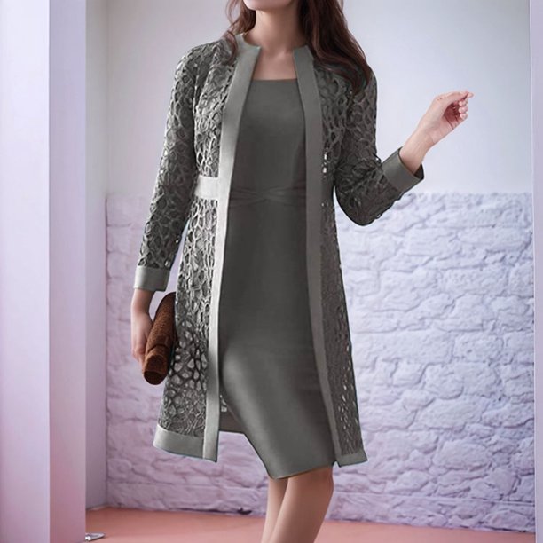 WILLBEST Conjunto De Cárdigan Y Vestido De Encaje Para Mujer: Elegante Y Moderno Conjunto De Dos Piezas Para Ocasiones Informales Y Formales.