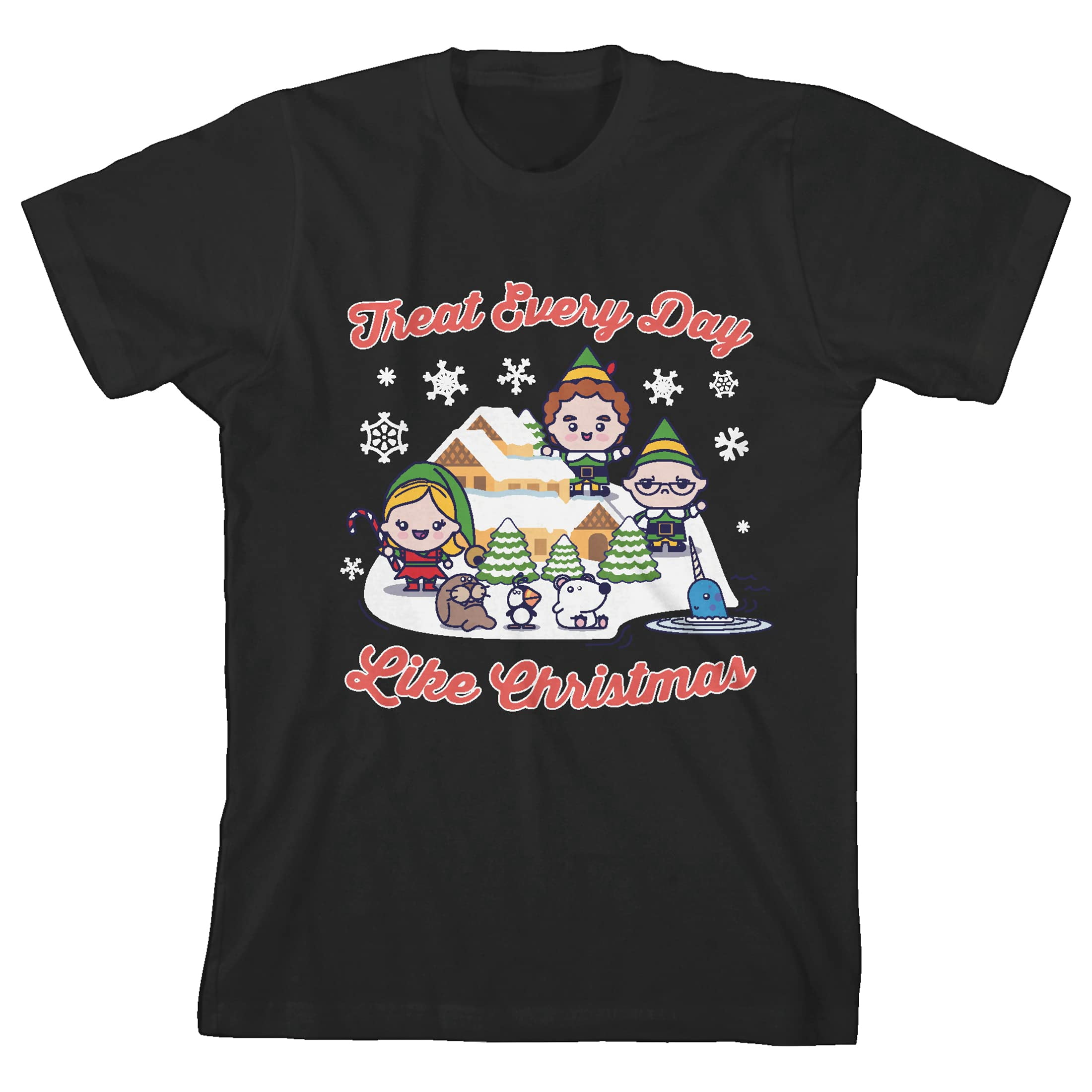 Elf Movie Treat Every Day Like Christmas Chibi Style Elves Youth Black Graphic Tee-Medium