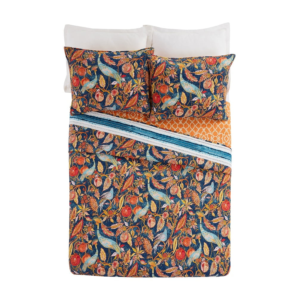 Dena Home Blue Peacock Garden 3-Piece Quilt Set, Full/Queen