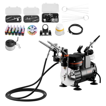 VEVOR Airbrush Kit, 1/6 HP, Air Brush Kit with Air Compressor, 3 Dual-Action Professional Airbrushes with 3 Tips, Hose, Acrylic Paint, Brush, Low Noise, for Cake Decorating, Model Painting, Nail Art