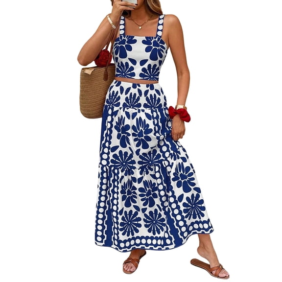 Women'S 2 Piece Skirt Sets Print Top High Waist Maxi Skirt Womens Fashion Vacation Outfits S