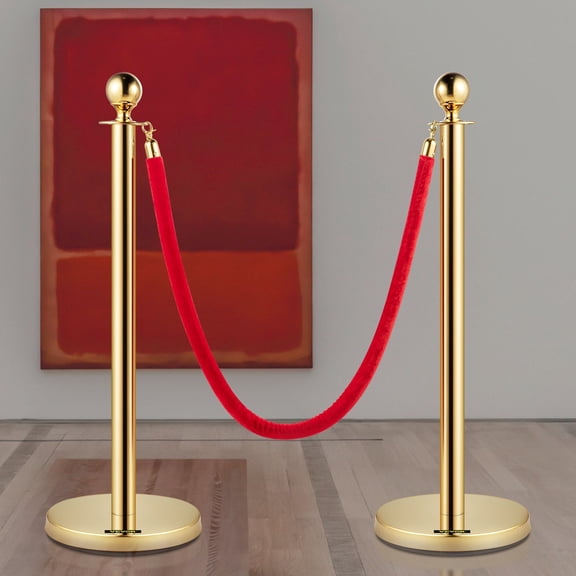 2-Pack Gold Stanchion with Red Velvet Rope, 5ft/1.5m Stainless Steel Post & Ball Top - Crowd Control Barrier for Weddings, Theaters, Events, Ticket Booths (Retractable Rope Stand)