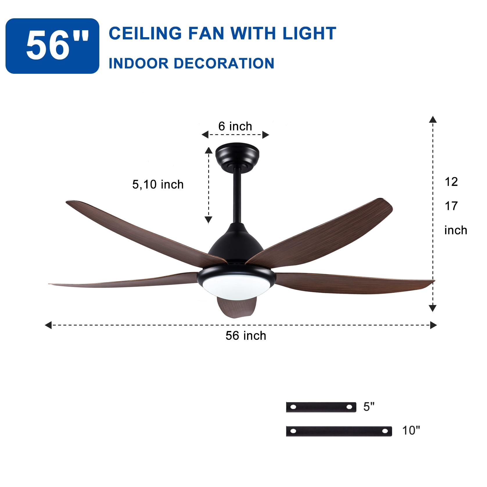 Mintazer 56 in Ceiling Fan with LED Light & Remote Control, Modern Ceiling Fan with 6 Speeds & Reversible Blade for Indoor Outdoor, Walnut