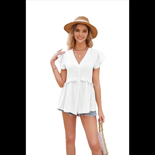 Blusa Informal de Corta con Cuello en V y Volantes para Mujer, Camisa de Botones de Estilo Formal, Color , Talla S