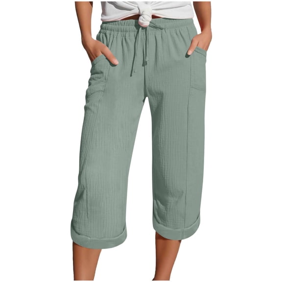 Womens Capri Pants Solid Color Straight-Leg Pants Cropped Pants Tether Waist Adjustable Elastic High Waist Summer Casual Shorts Drawstring With Pockets Beach Vacation Shorts Capri Pants for Women