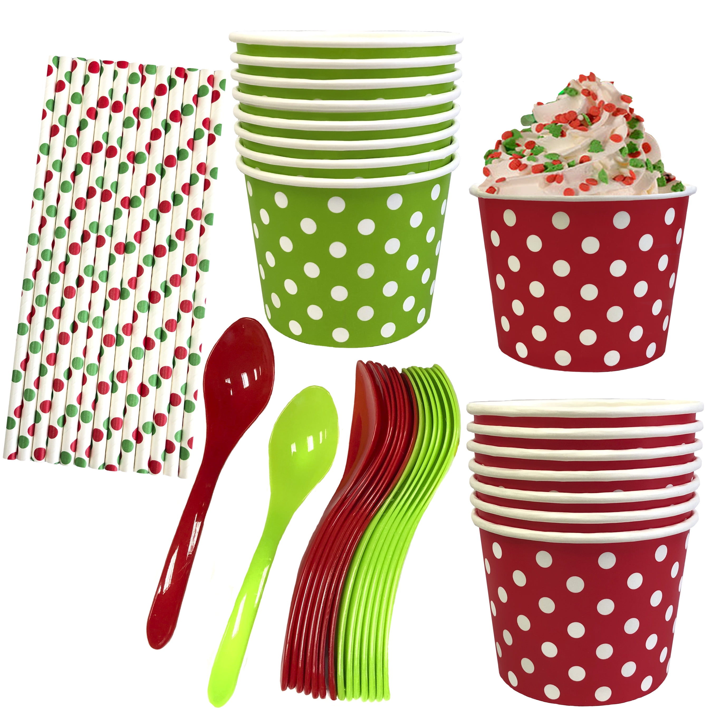 Christmas Ice Cream Sundae Kit Red Green and White Polka Dot Paper