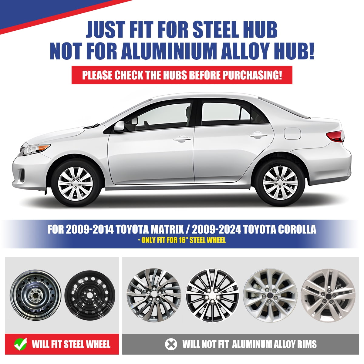 4 Pack 16" Hubcap Wheel Cover For 2009-2013 Toyota Corolla,Wheel Rim Cover Compatible With Steel Wheels,Snap On Hub Caps Replacement,ABS&PC Material,Black Lacquer