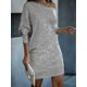 thumbnail image 1 of Vestido de tubo ajustado con lentejuelas de manga larga y medio hombro para otoño e invierno para mujer, vestido a media pierna de Color puro, 1 of 3