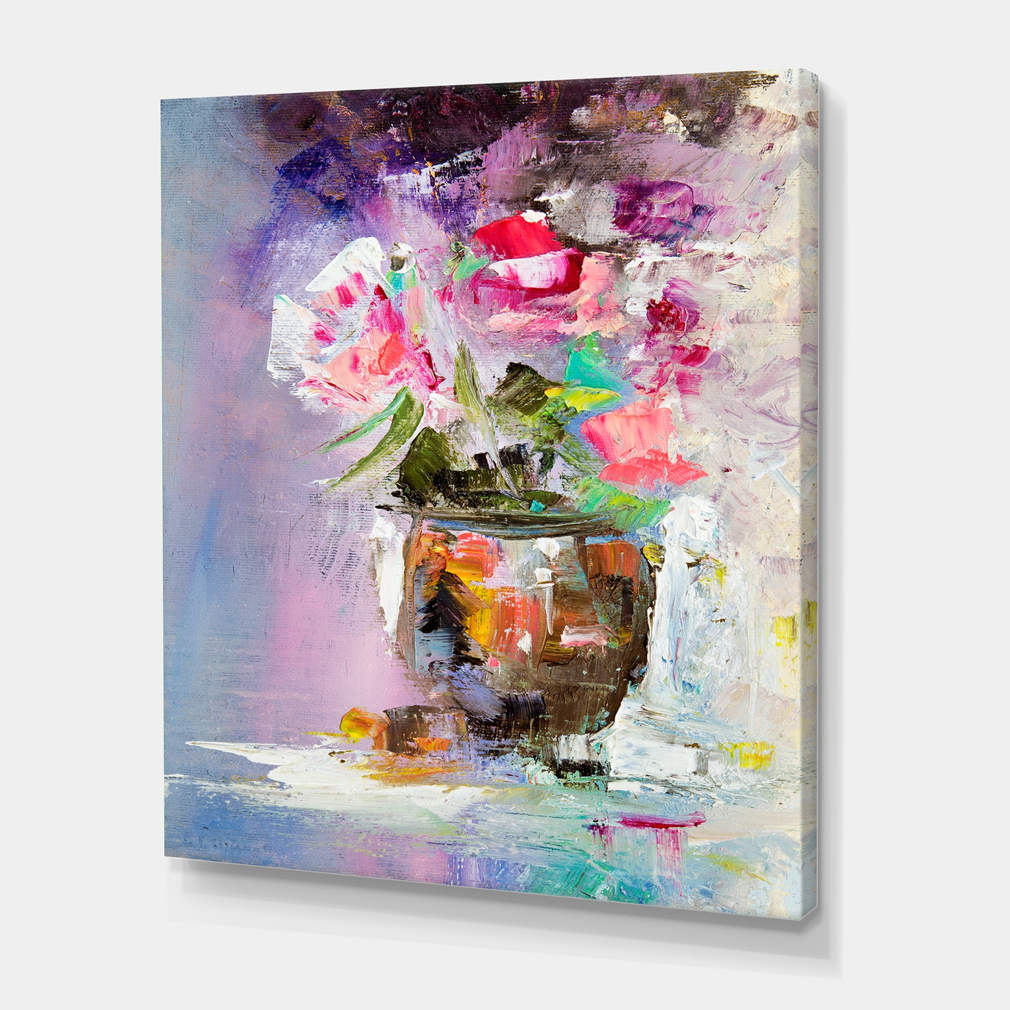 Designart ' Pink Fresh Abstract Flowers Bouquet in Vase ' Modern Canvas Wall Art Print