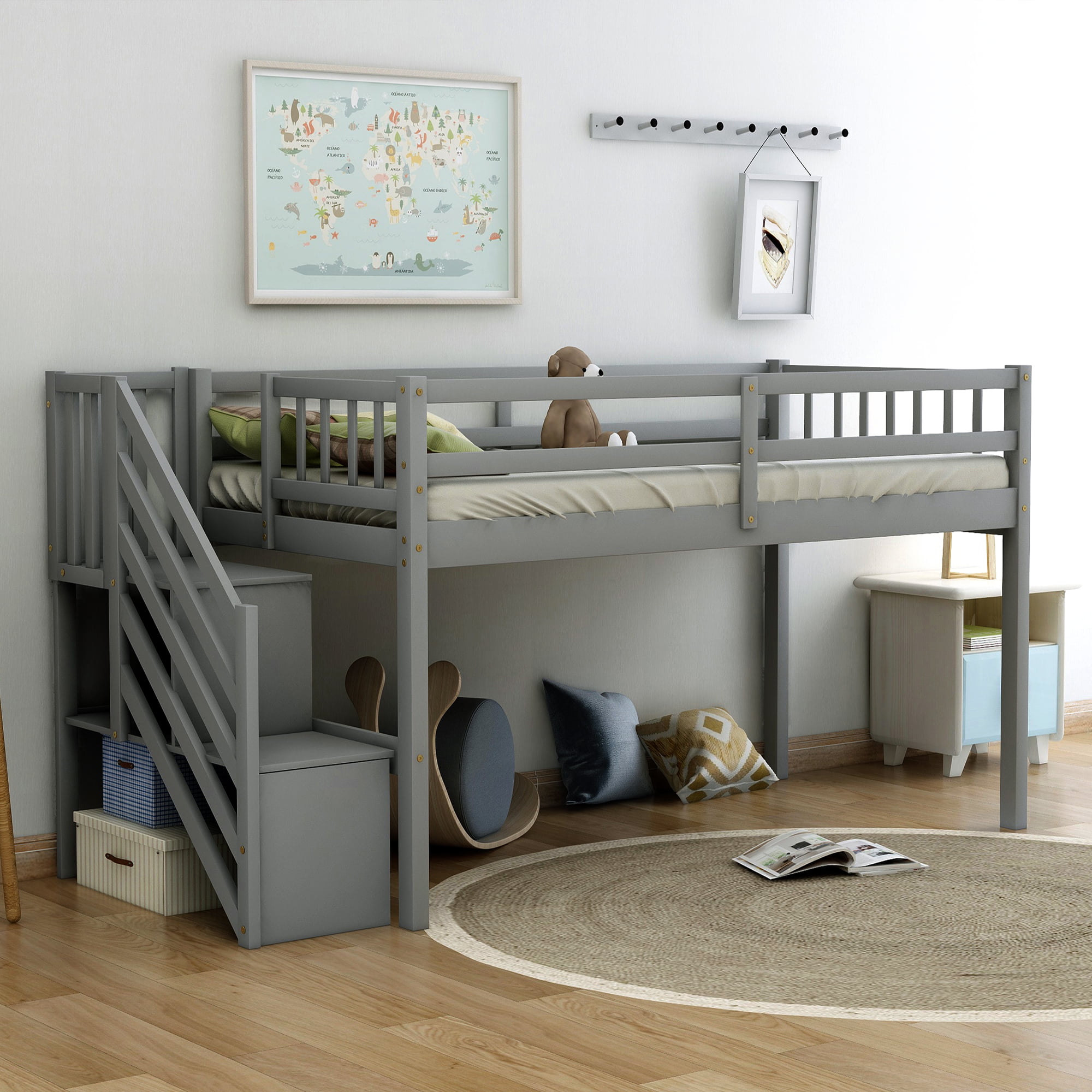 EUROCO Wood Twin Loft Bed with Stairs, Guard Rail and Storage Shelf for Kids, Gray - Walmart.com - Walmart.com