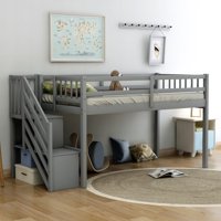 EUROCO Wood Twin Loft Bed with Stairs, Guard Rail and Storage Shelf for Kids, Gray