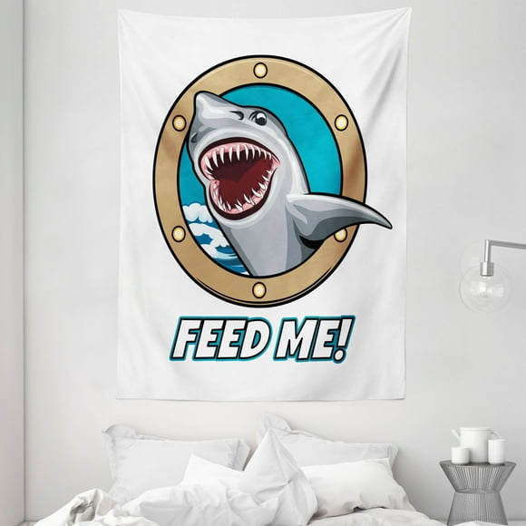 Sea Animal Decor Tapestry, Funny Vintage Quote with Hungry Hound Shark Head in Ship Window Humor Print, Wall Hanging for Bedroom Living Room Dorm Decor, 60W X 80L Inches, Multi, by Ambesonne
