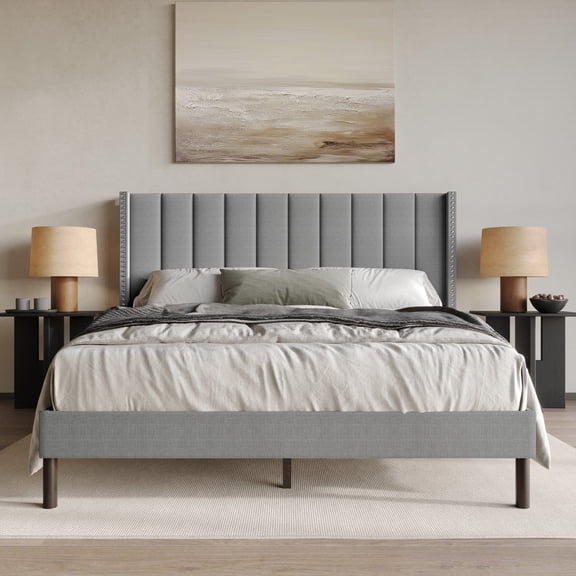 Home Design Odessa Twin Linen Upholstered Wingback Panel Bed Frame with Vertical Channel Tufting & Nailhead Trim, Gray, Easy Assembly