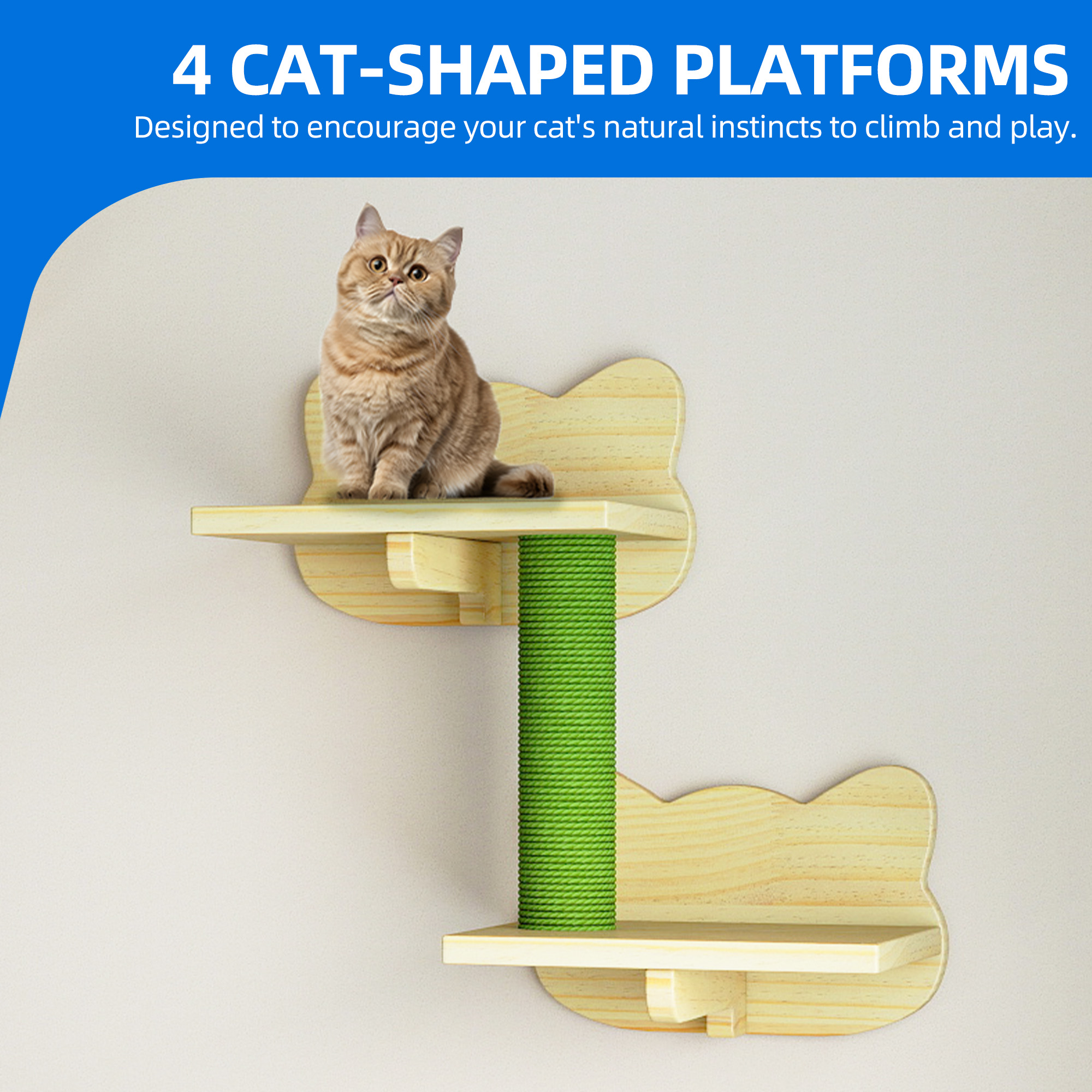 Dextrus 7-Piece Wall-Mounted Cat Furniture Set with Green House, 2 Sisal Scratching Posts & Cat-Shaped Steps – Solid Pine Wood for Indoor Cats, Space-Saving Wall Shelves