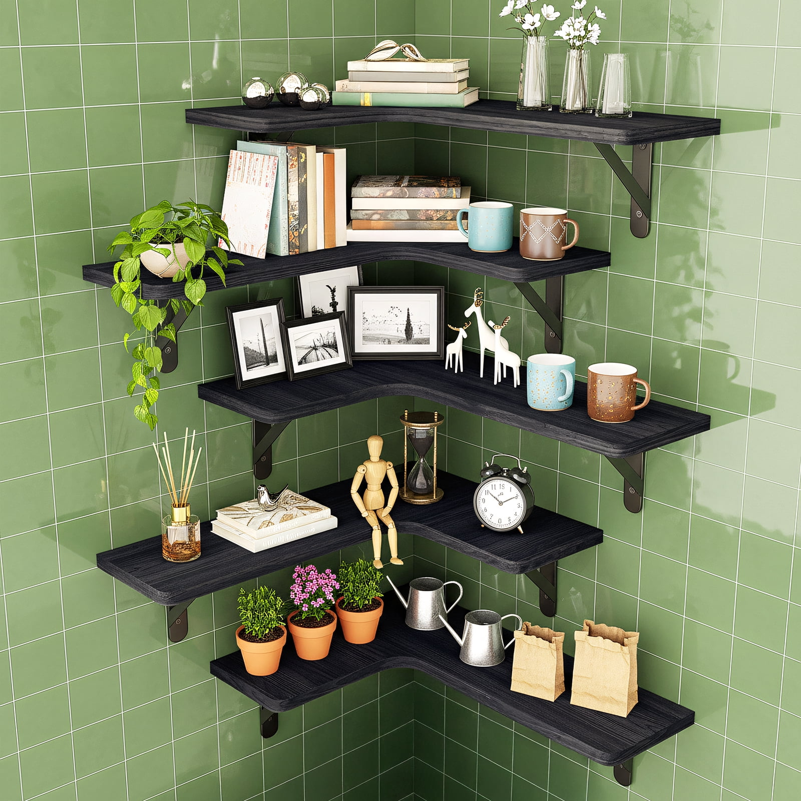 Fairy 5pcs Corner Floating Shelves for Wall, Rustic Wood Wall Shelves, 16.1x11.4 inches, Black