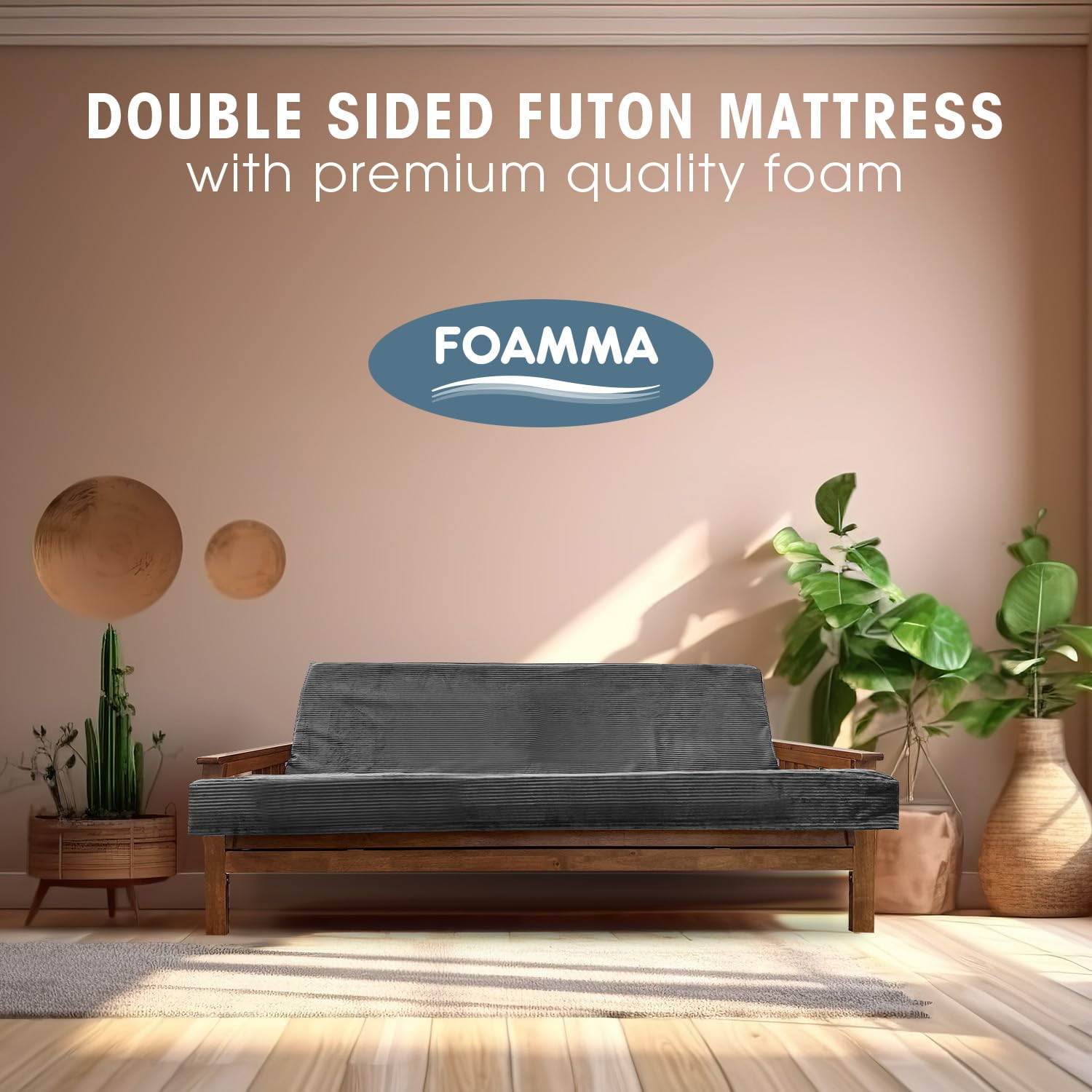 Foamma Memory Foam Futon Mattress, Double-Sided Foldout Couch Futon Mattress - Queen (Charcoal) - Comfortable and Heavy Duty Sofa Bed, Thick Corded Cushion for All (Frame NOT Included)
