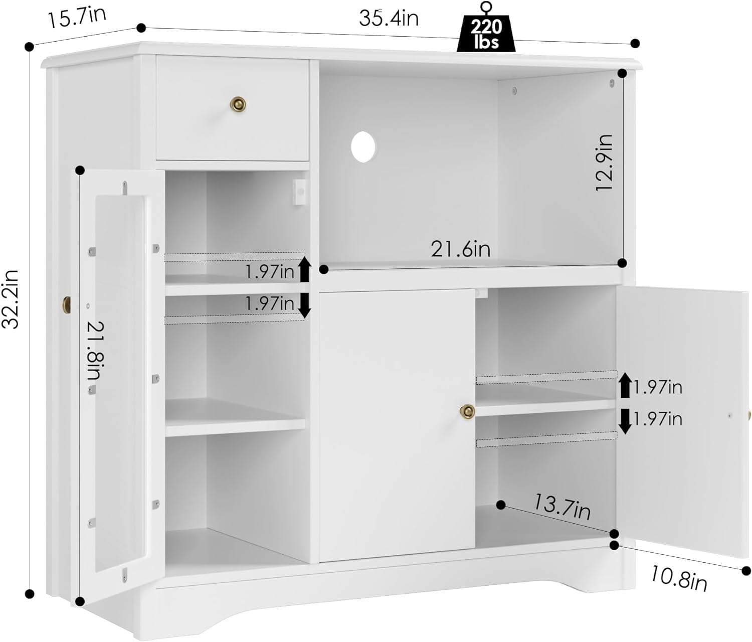 Storage Cabinet with 3 Doors and 1 Drawer, Buffet Cabinet Sideboard with Adjustable Shelves, Microwave Stand Cabinet for Kitchen, Dining Room, White