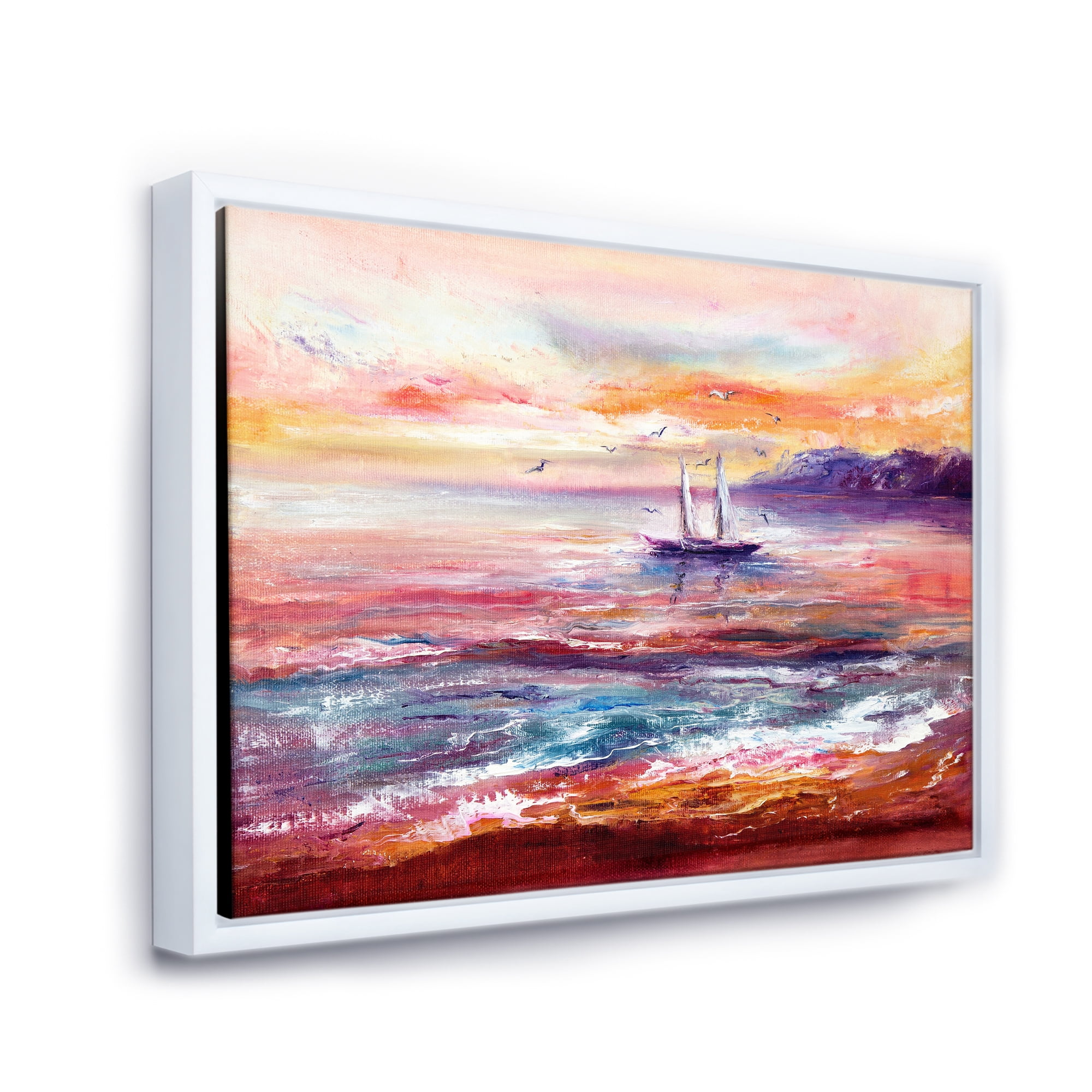 Designart 'Boat On The Ocean During VIbrant Sunset Glow' Nautical & Coastal Framed Canvas Wall Art Print