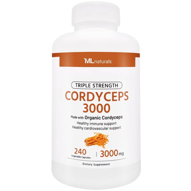 ml naturals triple strength cordyceps 3000 made with organic cordyceps, 240 vegetable capsules botella blanca frontal con banda naranja, texto grande 'CORDYCEPS 3000' y 'Triple Strength', texto pequeño 'Made with Organic Cordyceps', ilustración de cordyceps, indica '240 vegetable capsules' y '3000 mg' y funciona como suplemento.