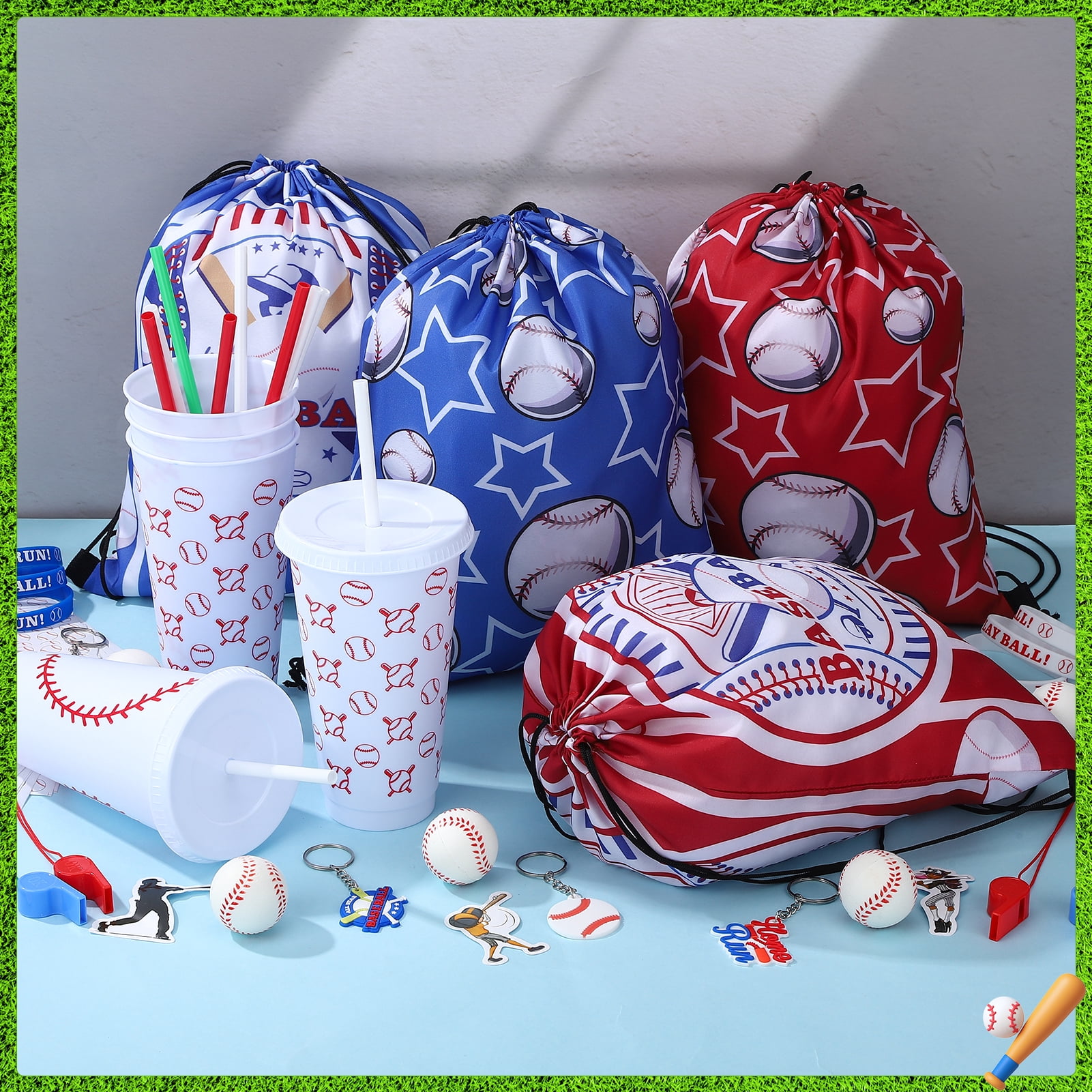 sixwipe 99 Pcs Baseball Party Favors, Baseball Goodie Bag Stuffers with Mini Stress Balls, Baseball Party Cups, Keychains, Stickers Bulk for Baseball Themed Birthday Party Supplies, Classroom Reward
