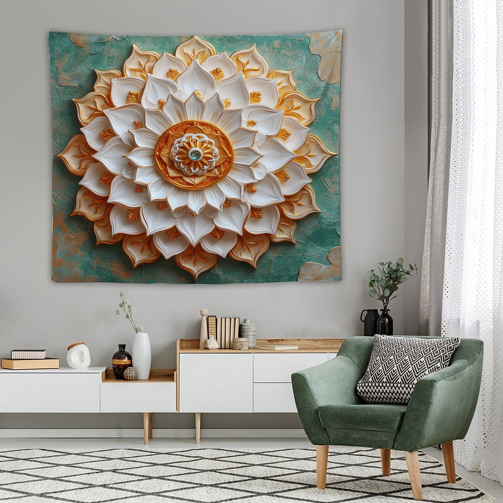 Printed Mandala Lotus Tapestry Wall Hanging – Boho Wall Art Decor for Bedroom, Living Room, and Apartment
