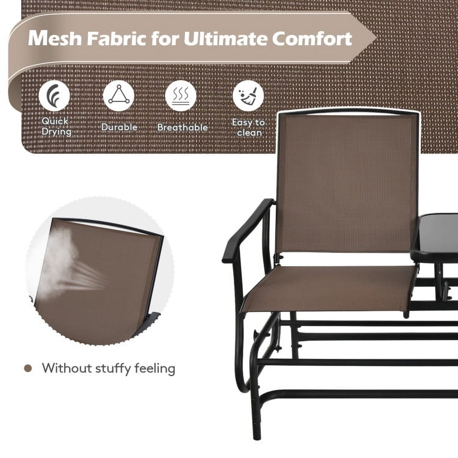 Aimee Lii Outdoor Patio Furniture Set, 2-Person Double Rocking Loveseat with Mesh Fabric and Center Tempered Glass Table, Brown