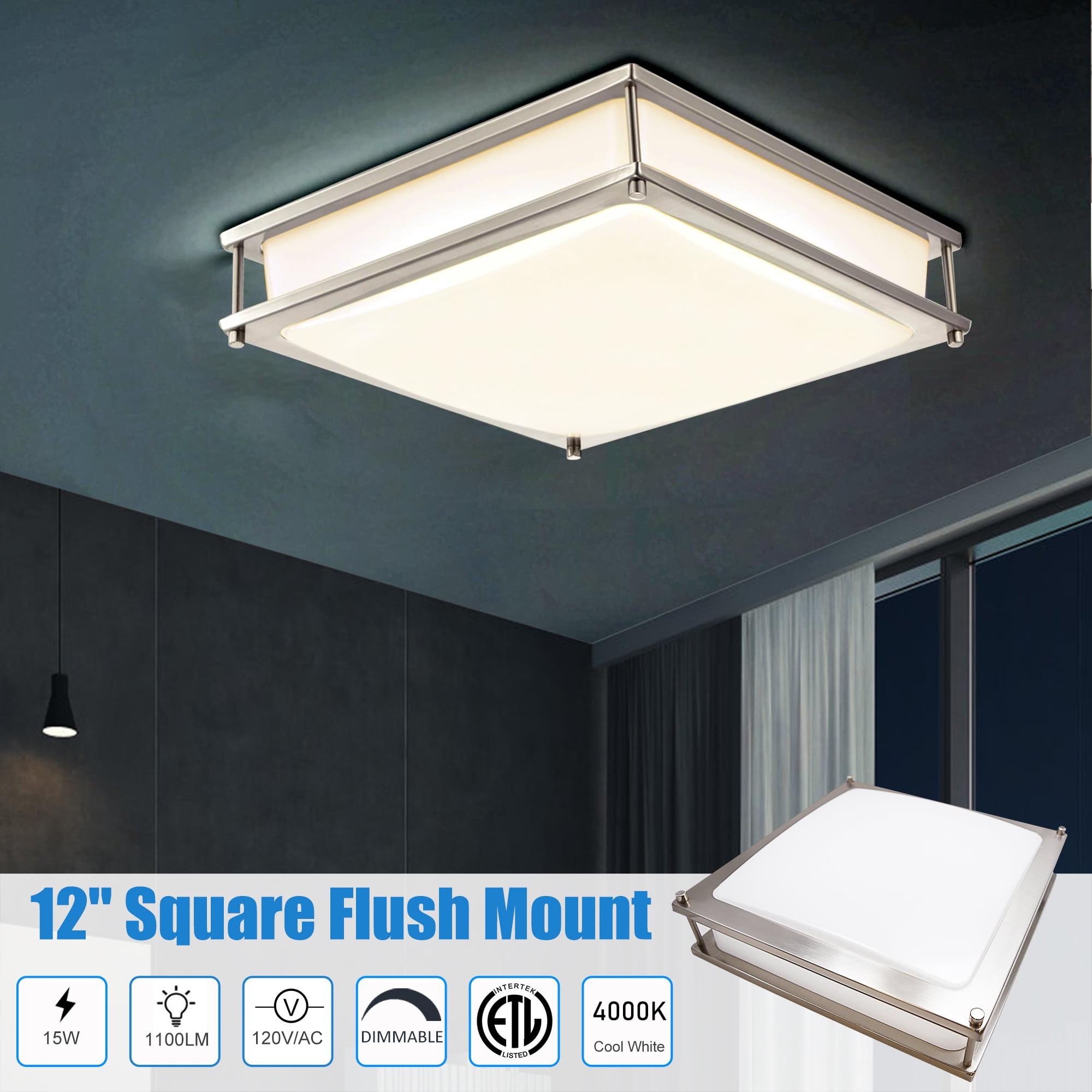 MingBright 12-Inch LED Ceiling Light Fixture, Brushed Nickel Ceiling Flush Mount Square Kitchen Light, Dimmable Damp Location Lamps for Bathroom, Kitchen, cETL Listed