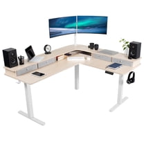 VIVO 2-Tier Electric 63" x 55" Corner Desk, Light Wood Table Top, White Frame