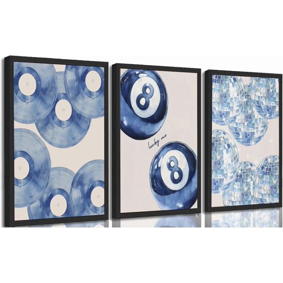Trendy Black White Canvas Wall Art Lucky 8 Ball Wall Decor Pictures Disco Ball Poster Prints Record Painting Artwork for Dormitory Bedroom Living room Preppy Decoration No