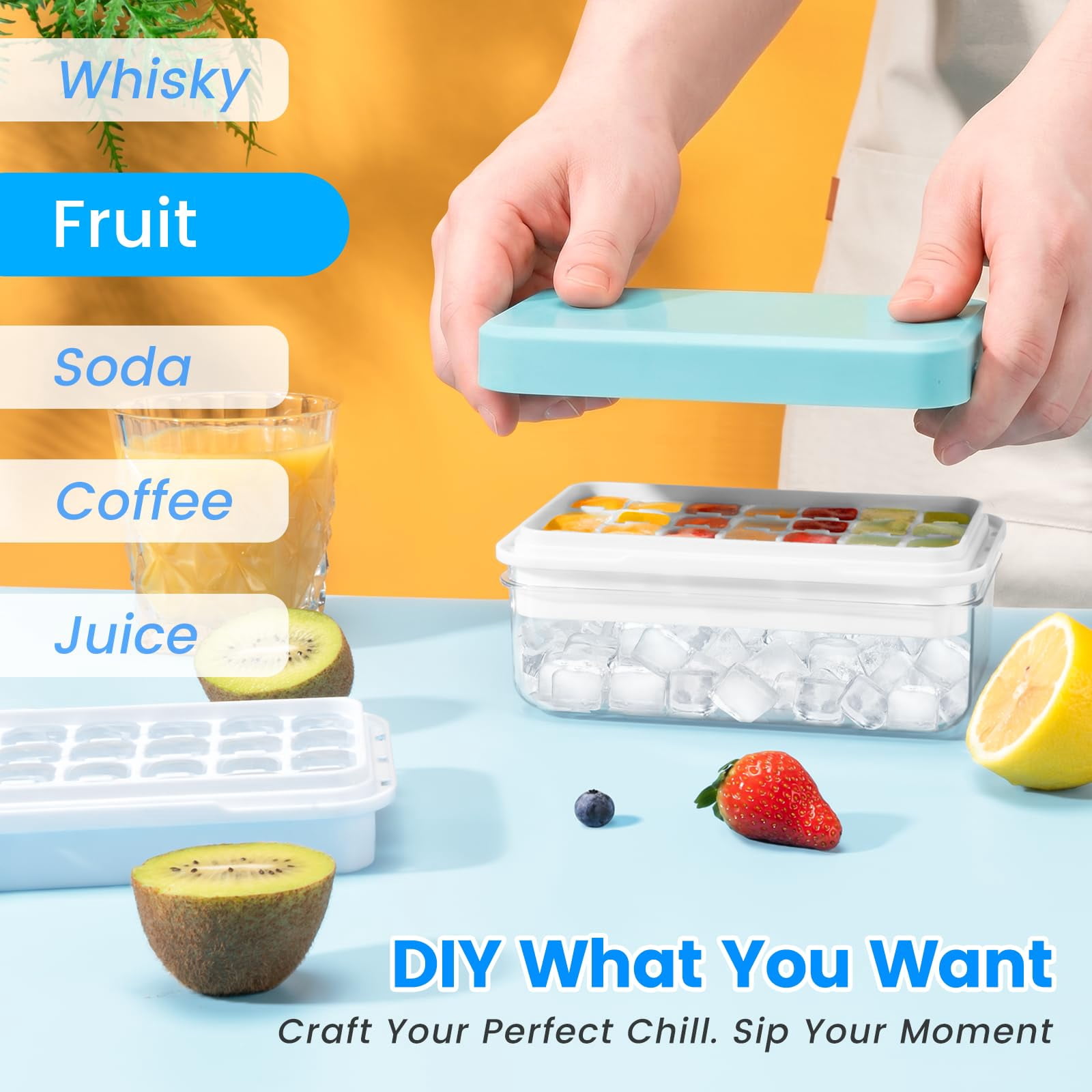 Ice cube tray with lid and bin, 56 pcs ice trays for freezer, 2 tier stackable ice cube maker, BPA free grade PP, airtight seal, easy release push type, blue