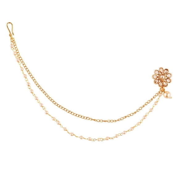 Efulgenz Indian Jewelry Kundan Crystal Nose Ring Hoop Pin Stud Fake Septum Ring with Chain Nose to Ear Chain Non Piercing Body Jewelry, White