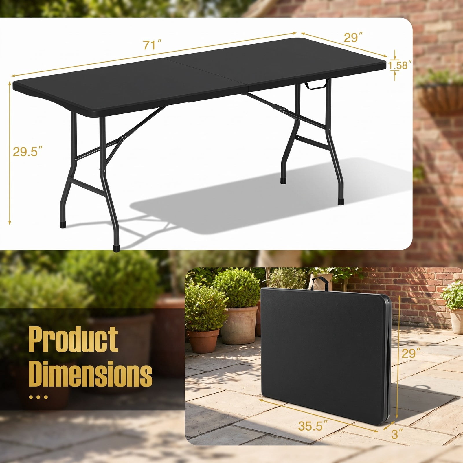 ALPULON 6 FT Portable Folding Table, 350 LBS Fold-in-Half Plastic Utility Table with HDPE Tabletop and Carry Handle for Picnic, Camping, Party and Indoor Events, Black