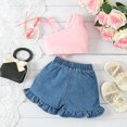 thumbnail image 6 of WIBACKER 2Pcs Toddler Girl Summer Outfits One Shoulder Strap Croped Tank Top with Luxury Organza Bowknot and Jeans Shorts, 6 of 11