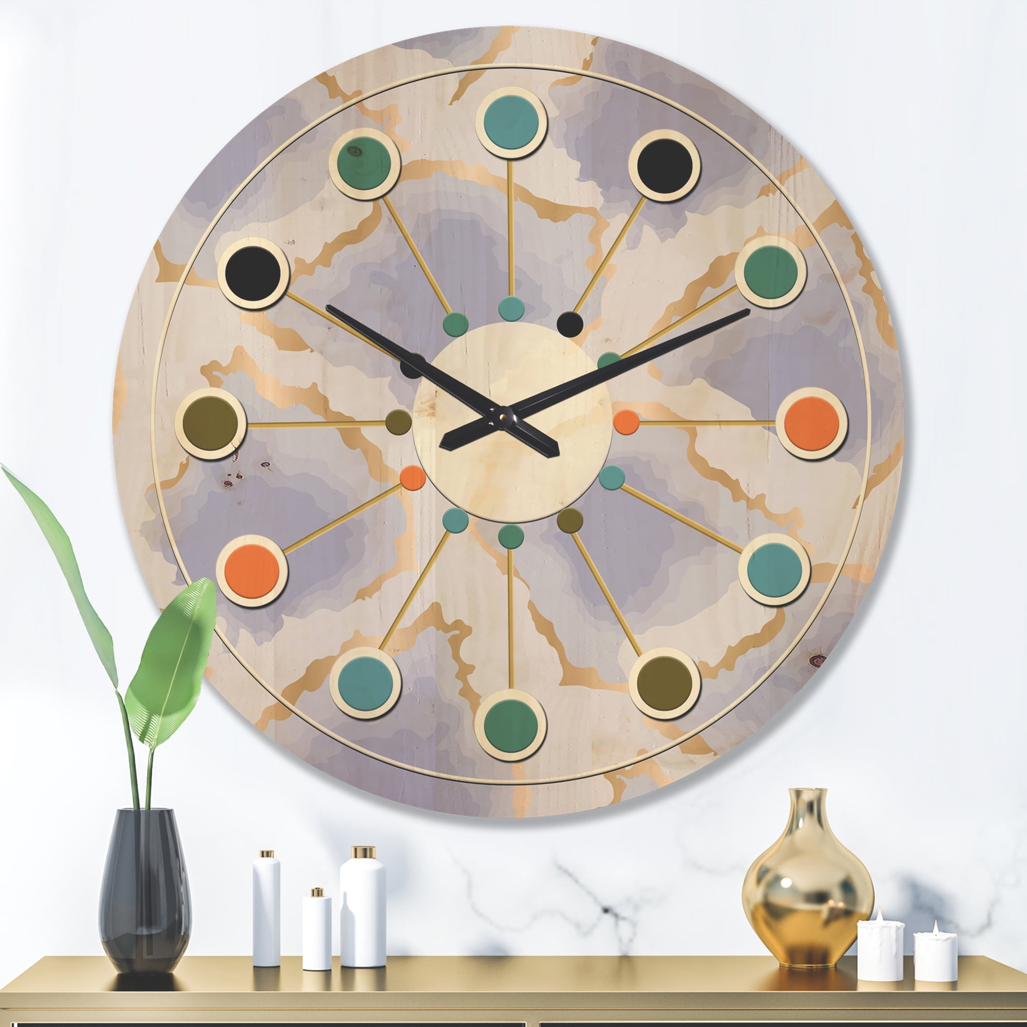 Designart 'Pastel Gold and Blue and Abstract Shapes Pattern' Mid-Century Modern Wood Wall Clock