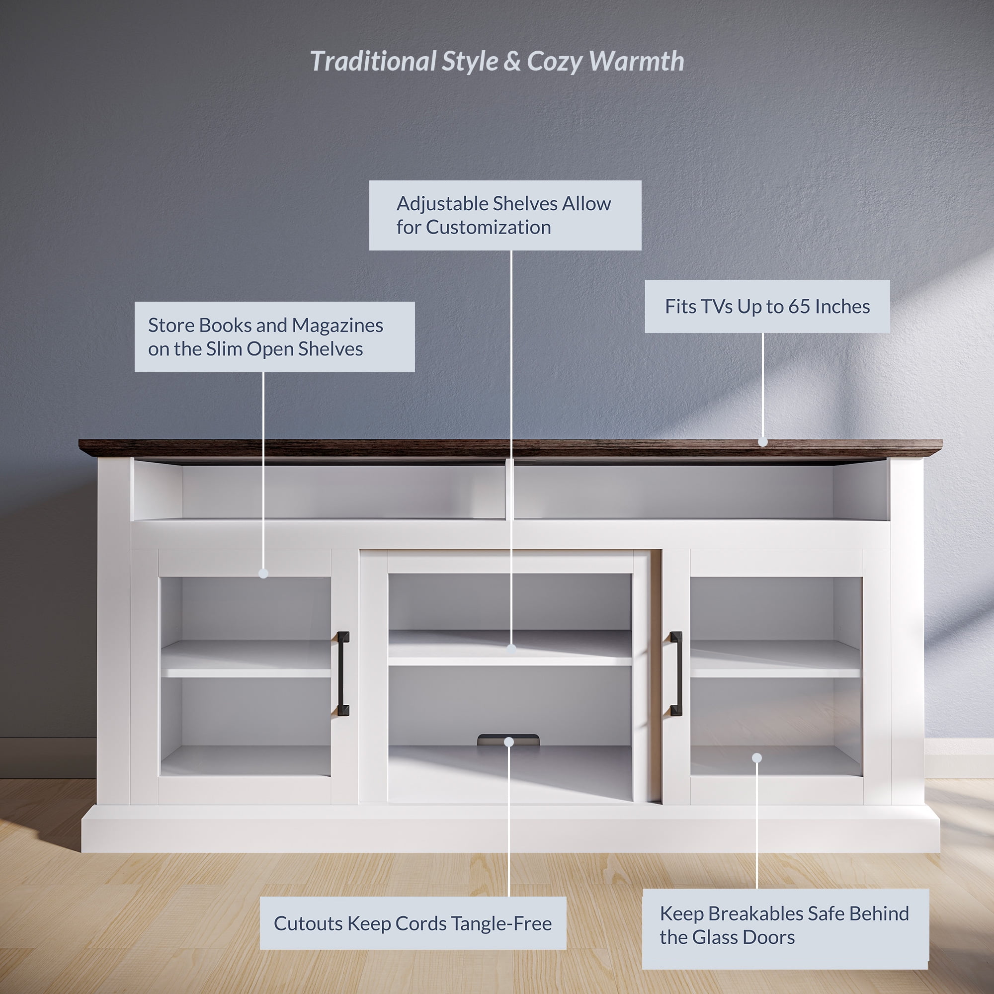 BELLEZE Modern 60 Inch Traditional TV Stand & Media Entertainment Center Console Table for TVs up to 65 Inches with Open Storage Shelves & Cabinets - Cayman (White)