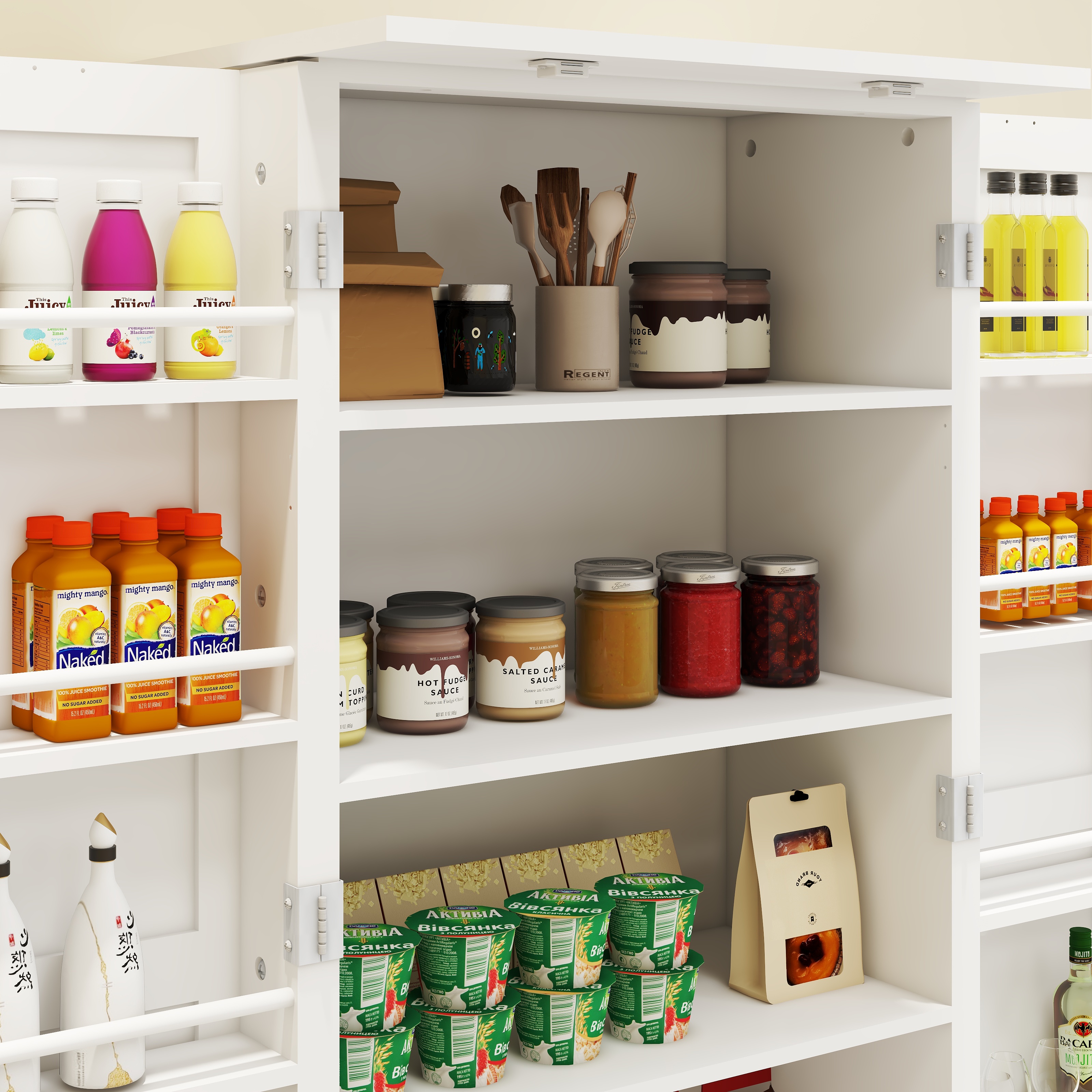 Pantry Cabinet, UHOMEPRO Kitchen Storage Cabinet with LED Light & Adjustable Shelves, 2 Barn Doors & 10 Door Shelves, Farmhouse Freestanding Food Pantry Cupboard for Dining Room Entryway, White