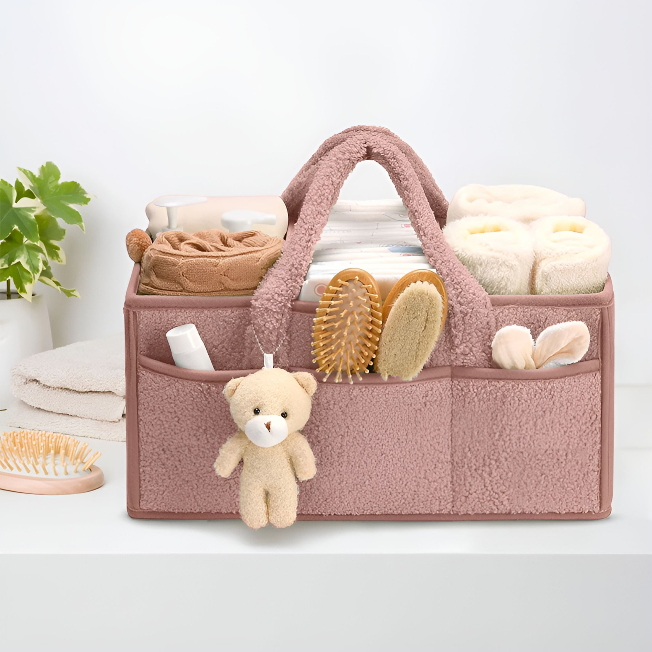 LAMIRO Diaper Caddy Organizer with Handle,Portable Diaper Storage Basket Bin for Wipes,Shower Gift Basket for Woman Man,Car Caddy Organizer,Pink
