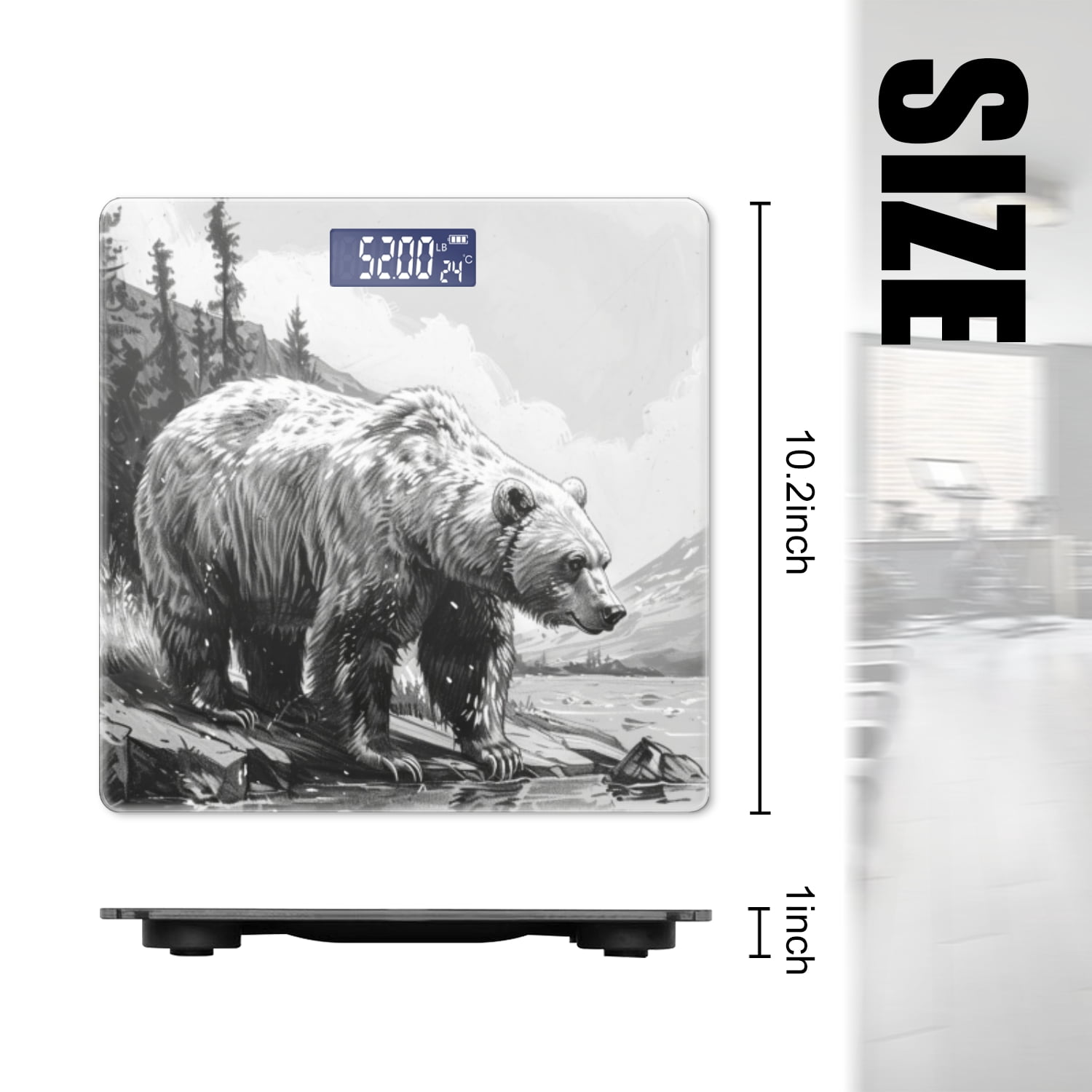 Bathroom Scale, Highly Accurate Digital Body Scale,Precisely Measures Weight up to 400 lbs-Black And White Drawing Of Bear In The Mountains