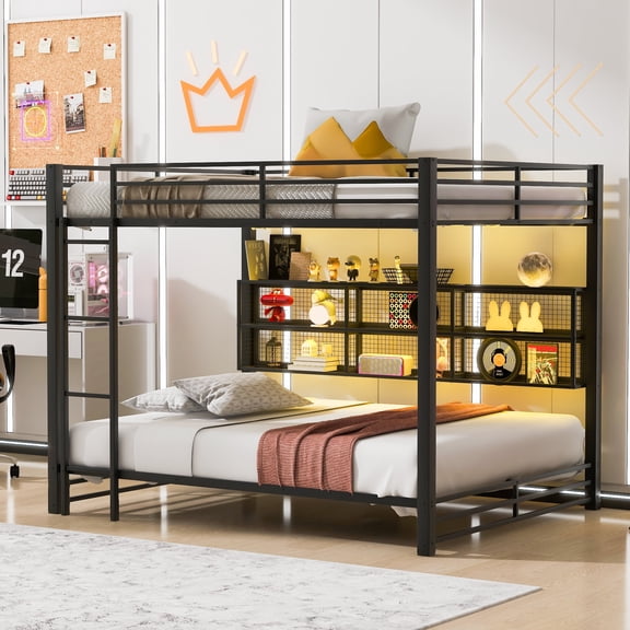 Euroco Metal Queen over Queen Size Bunk Bed with Storage Cabinets & LED Light for Bedroom, Black