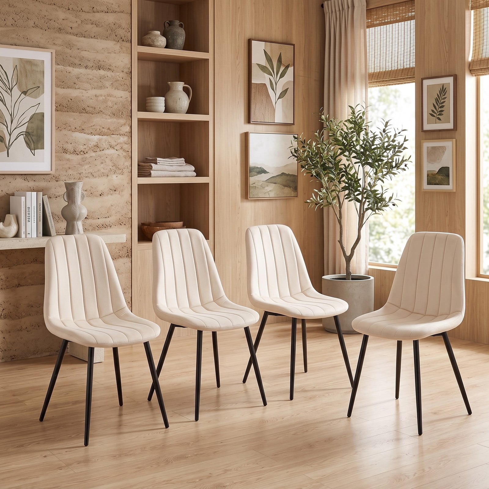 Furnibear Upholstered Fabric Dining Chairs Set of 4, Mid-Century Modern Accent Kitchen Side Chairs with Sturdy Metal Legs, Curved Backrest and Padded Seat for, Beige