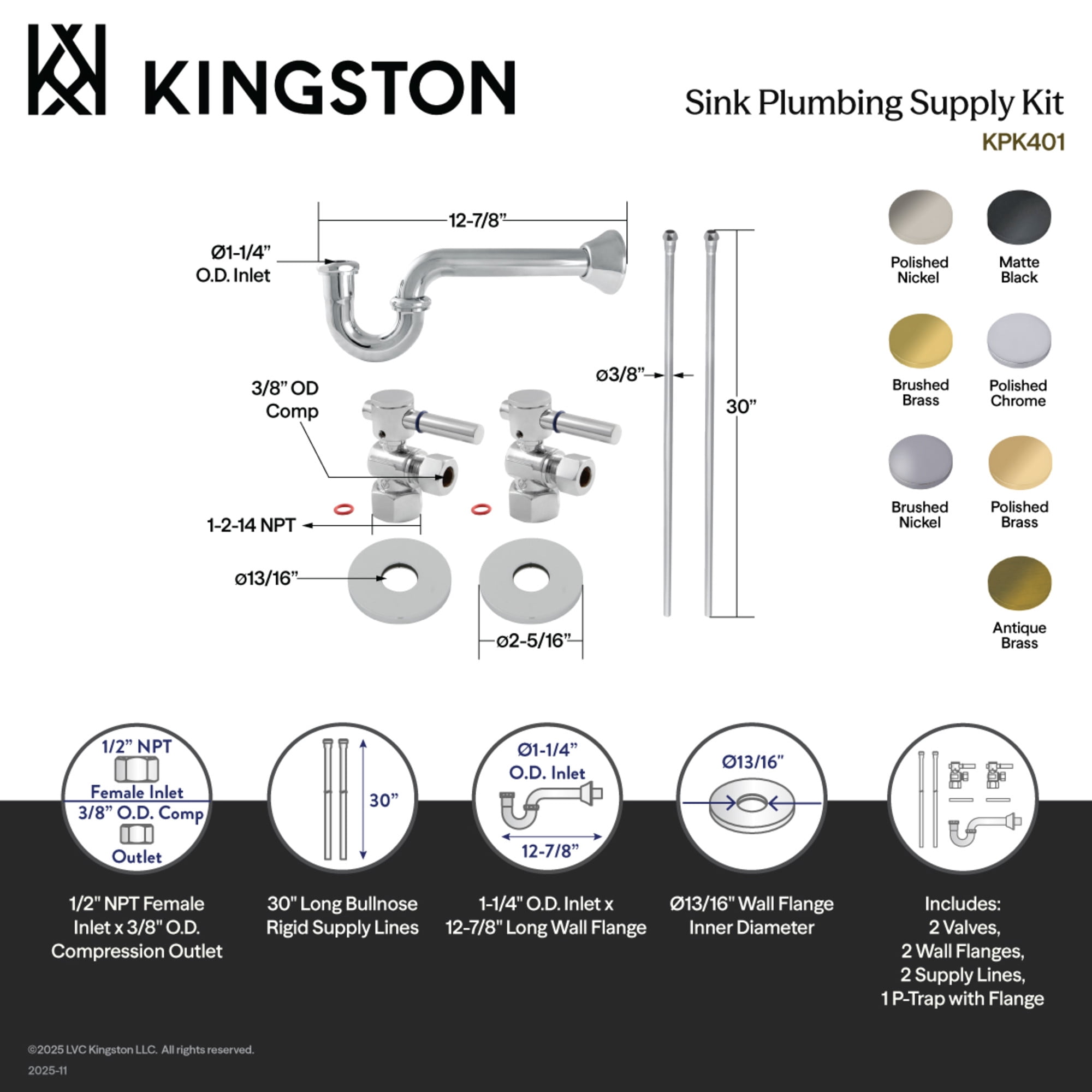 Kingston Brass KPK403 Concord Bathroom Plumbing Supply Kit, 1/2" NPT Female Inlet x 3/8" O.D. Compression Outlet, Antique Brass