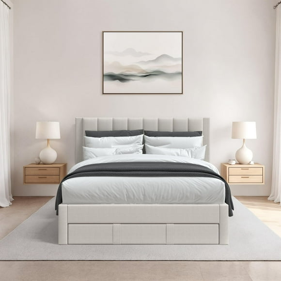 CorLiving Metro Beige Channel Tufted Upholstered Storage Platform Bed in Full/Double, Queen, and King