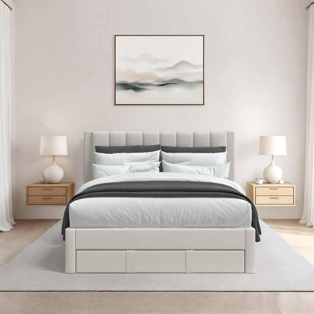 CorLiving Metro beige channel tufted upholstered storage platform bed with full bedding and pillows, flanked by floating wooden nightstands with lamps in a minimalist bedroom.
