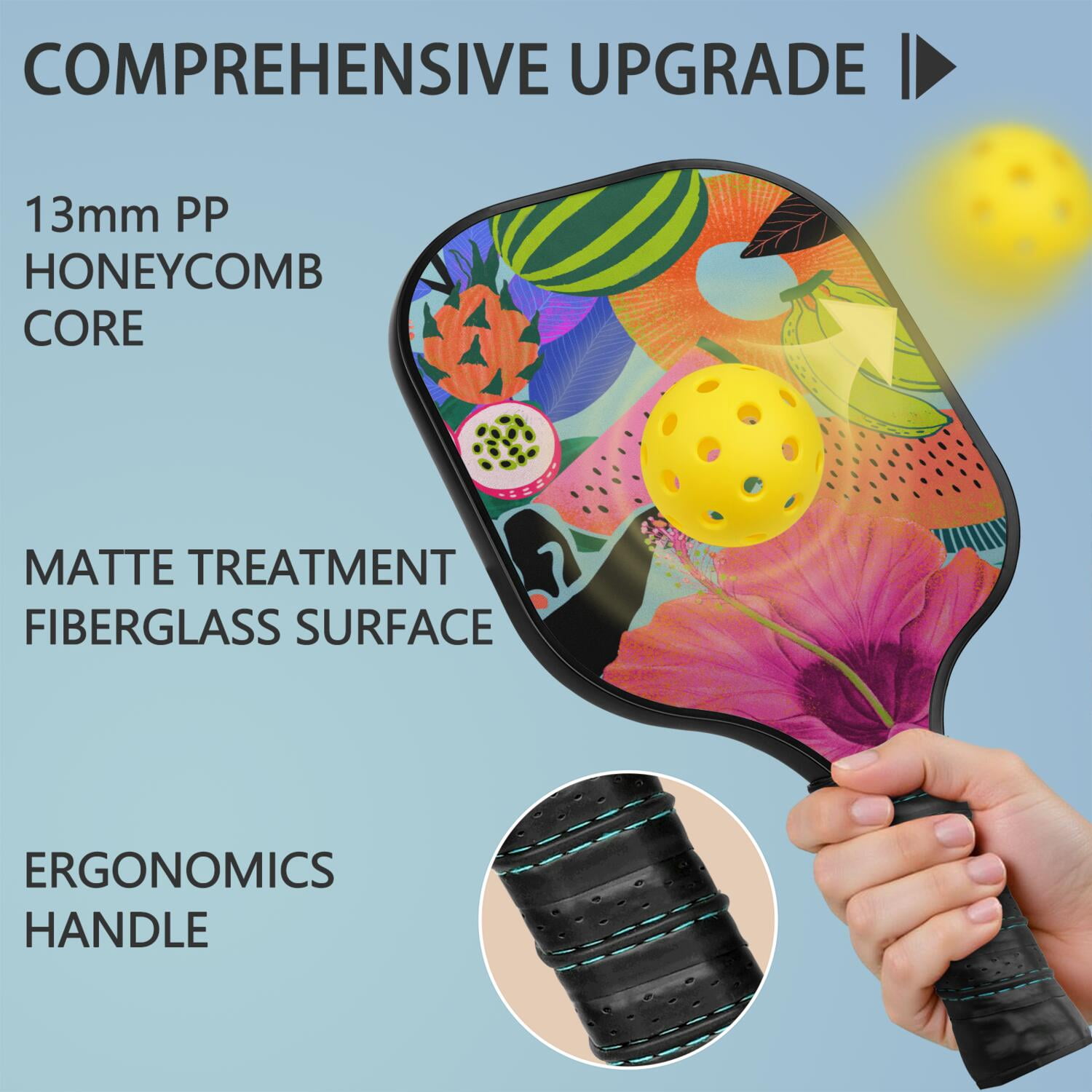 Pickleball Paddles Set Of 2, Fiberglass Surface, Tropical Jungle Print, 4 Balls & Bag