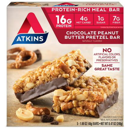 Atkins Chocolate Peanut Butter Pretzel Bar, 1.7oz, 5-pack (Meal