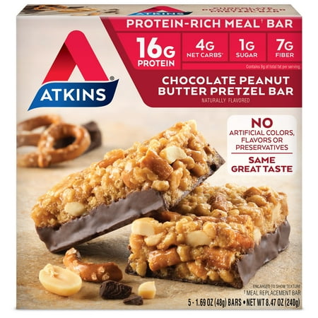 Atkins Chocolate Peanut Butter Pretzel Bar, 1.7oz, 5-pack (Meal (Women's Best Meal Replacement Review)