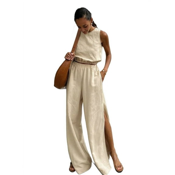 Women'S 2 Piece Outfits Linen Vest Waistcoat Dressy Casual Sets High Slit Wide Leg Pants Suits Khaki L