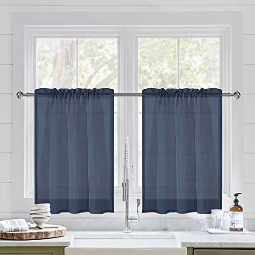 DWCN Navy Blue Sheer Curtains for Kitchen Windows Rod Pocket Semi